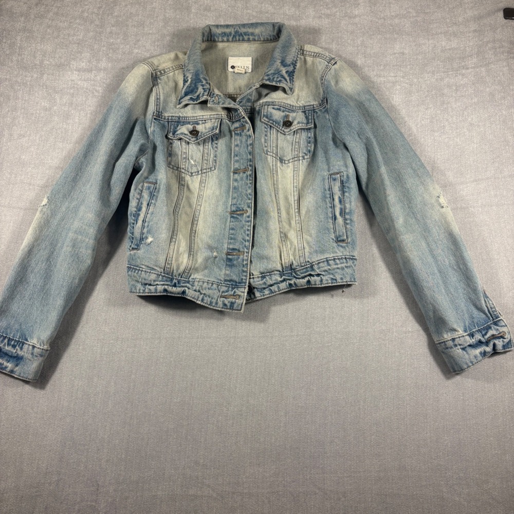 Stylus Womens Light Wash Distressed Denim Trucker Jacket Blue Size L
